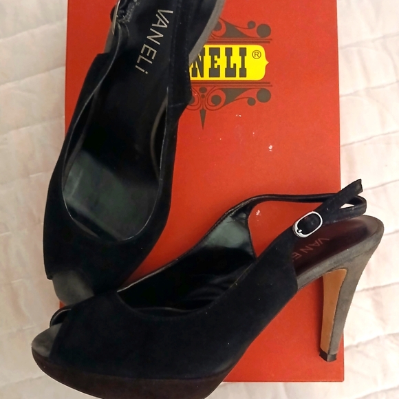 Vaneli Shoes - Vaneli Multi Black Grey Suede Slingback Vacay Party Peeptoe Platform Heels